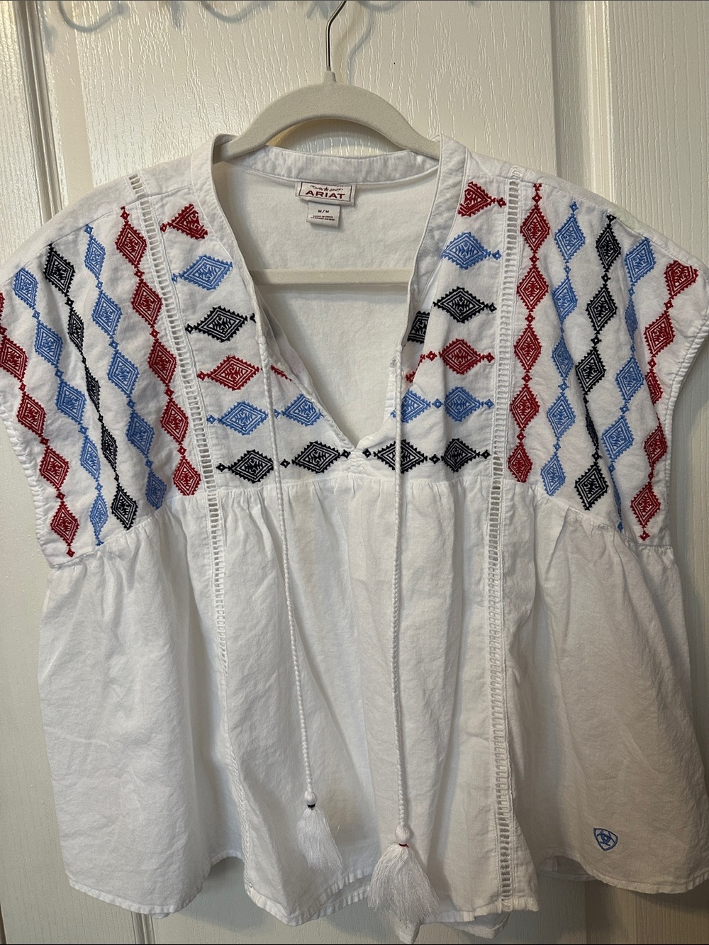 Ariat White Cotton Peasant Blouse with Red, Blue & Black Embroidery